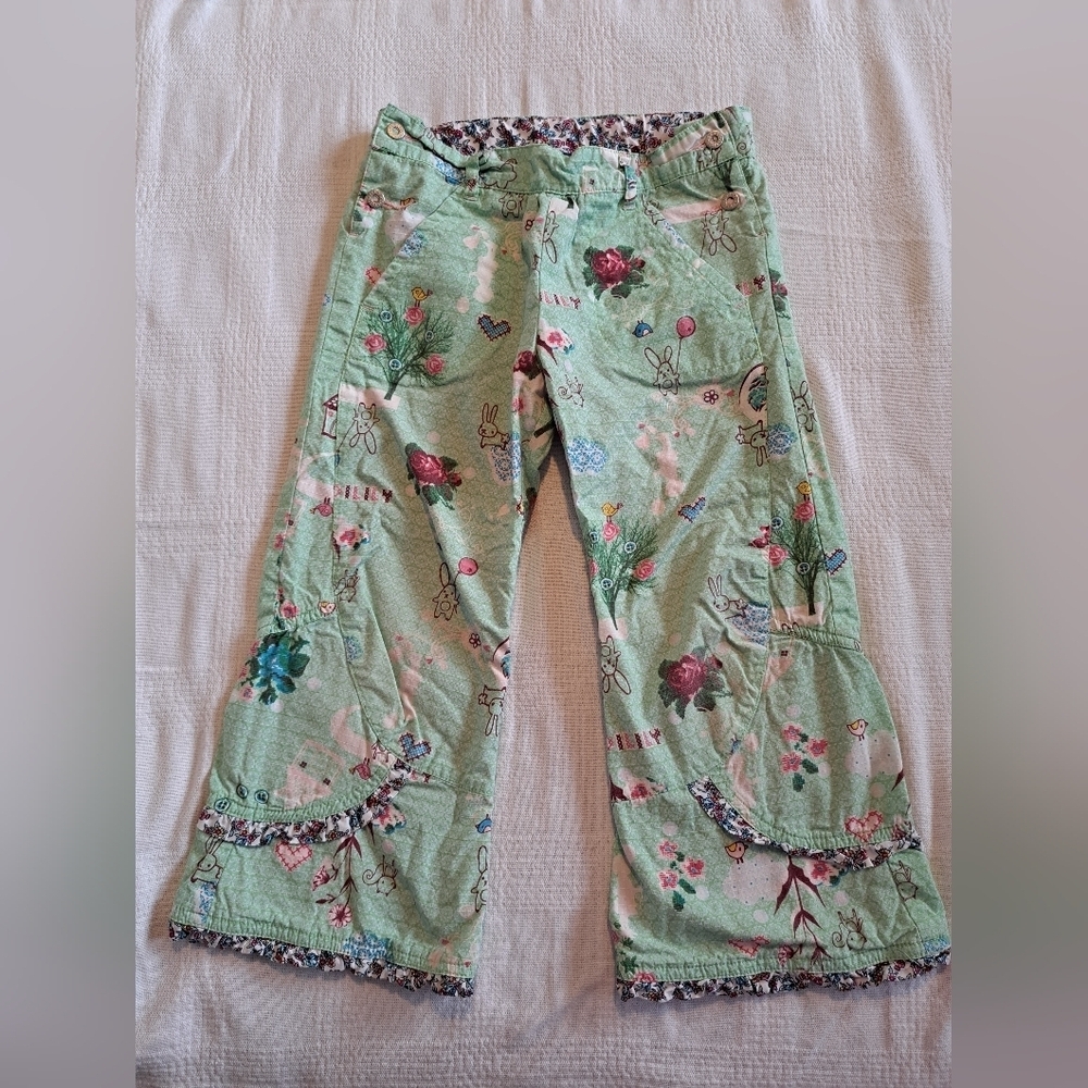 Oilily girls size 104 or 4 years lined green bunny & floral pants VGUC